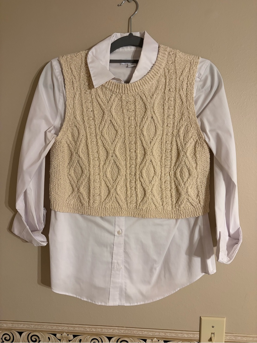 Liz Claiborne button down and Cream Cable Knit V-Neck Sweater Vest